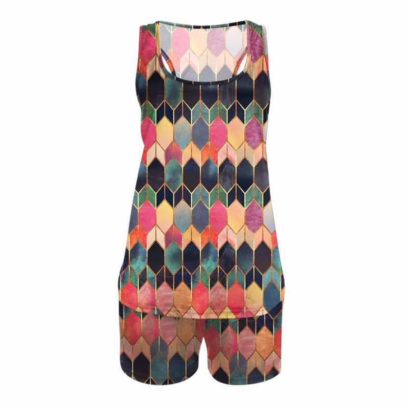 Női hálóruha Geometrikus mintás pizsama szett Rövidnadrág és Racerback tank felső nyári 2 részes szett Női tréningruha Alkalmi otthoni ruha