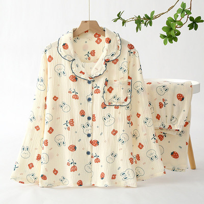 Πιτζάμες 2023 Γυναικείο μακρυμάνικο παντελόνι Πιτζάμες 100% βαμβάκι Cute Rabbit Print Σετ υπηρεσίας για το σπίτι Απλό άνετο σετ πιτζάμες