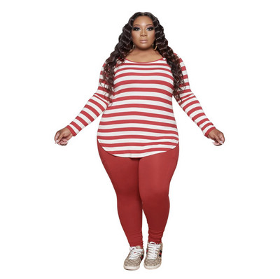 Plus Size 2 Τεμάχια Σετ Γυναικεία ριγέ τοπ και παντελόνια μολύβι Σετ Φθινοπωρινό μακρυμάνικο Γυναικείο φούτερ casual 3xl 4xl 5xl 6xl