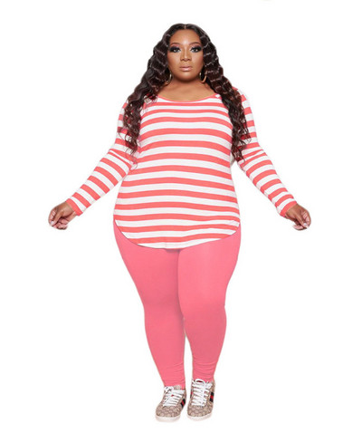 Plus Size 2 Τεμάχια Σετ Γυναικεία ριγέ τοπ και παντελόνια μολύβι Σετ Φθινοπωρινό μακρυμάνικο Γυναικείο φούτερ casual 3xl 4xl 5xl 6xl