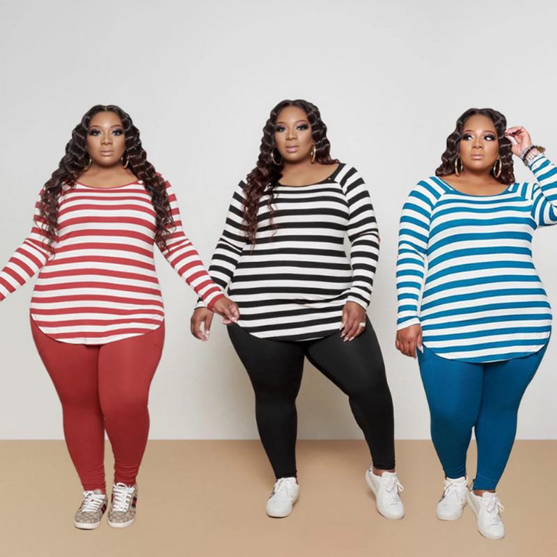 Plus Size 2 Τεμάχια Σετ Γυναικεία ριγέ τοπ και παντελόνια μολύβι Σετ Φθινοπωρινό μακρυμάνικο Γυναικείο φούτερ casual 3xl 4xl 5xl 6xl