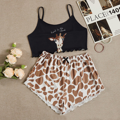 Suvised naiste magamisriided armsad koomiksiprintidega pidžaamakomplektid naistele, armas lühikeste varrukatega V-kaelus ja lühikesed püksid pidžaama