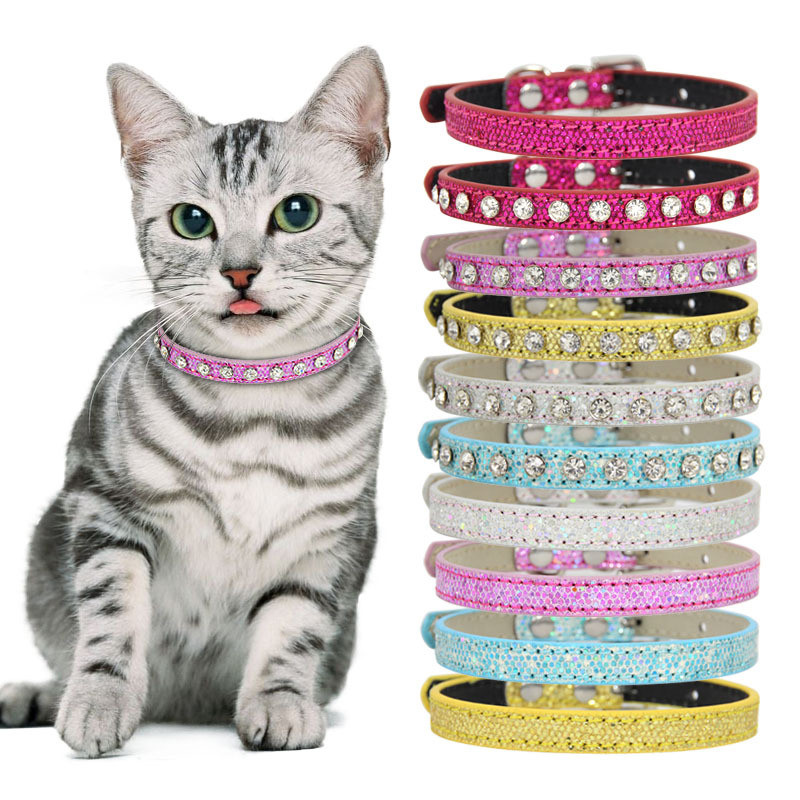 Super Shining Diamond Rhinestone Κολάρο γάτας Puppy Baby Dog Collar Δερμάτινο λουρί για γατάκι Αξεσουάρ Ρυθμιζόμενο κολάρο κουταβιού