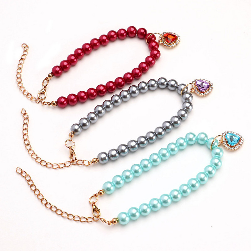 Luksuslik pärlikassi kaelakee reguleeritav kutsikakassi kaelarihm Bling lemmiklooma kaelakeed südamekristallripatsiga kassidele Lemmikloomatarvikud