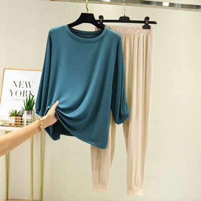 Φθινοπωρινές μαλακές και άνετες πιτζάμες δύο τεμαχίων Λεπτές μπλούζες με μακρύ παντελόνι Απλό σετ πιτζάμες για το σπίτι για γυναίκες