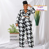 L-4XL 2022 Fall Plus Size Naiste riided, pikkade varrukatega, allapoole kraega trükkimine Tänava seksikad kaheosalised komplektid pükskostüümid dropshipping