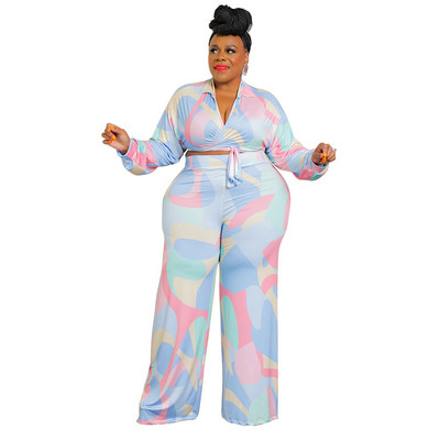 L-4XL 2022 Fall Plus Size Naiste riided, pikkade varrukatega, allapoole kraega trükkimine Tänava seksikad kaheosalised komplektid pükskostüümid dropshipping