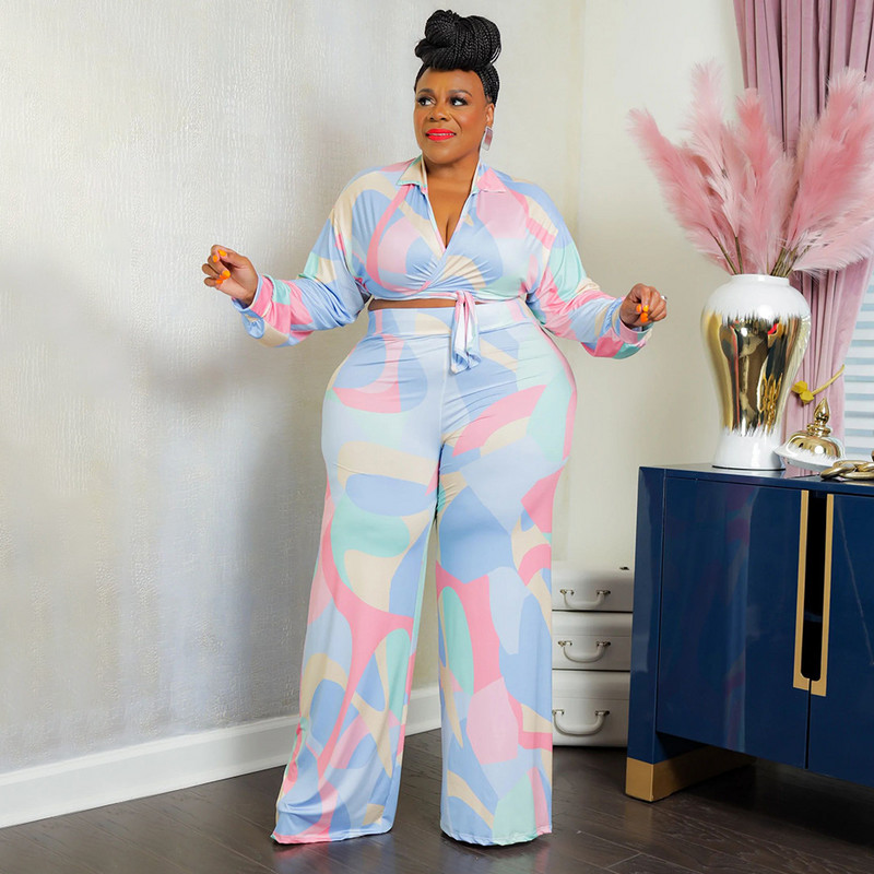 L-4XL 2022 Fall Plus Size Γυναικεία Ρούχα Μακρυμάνικα Γυαλιστερό γιακά Εκτύπωση Street Sexy Two Piece Σετ Παντελόνι Dropshipping