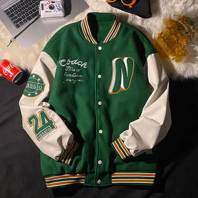 Κέντημα Γράμματα N Ανδρικό Varsity Bomber Jacket Oversize Vintage Y2k παλτό μπέιζμπολ Γυναικεία δερμάτινα μανίκια Πράσινα φθινοπωρινά πανωφόρια