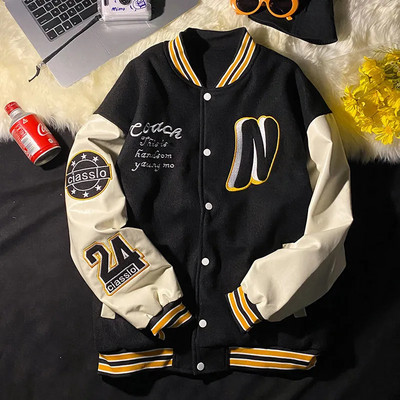 Κέντημα Γράμματα N Ανδρικό Varsity Bomber Jacket Oversize Vintage Y2k παλτό μπέιζμπολ Γυναικεία δερμάτινα μανίκια Πράσινα φθινοπωρινά πανωφόρια