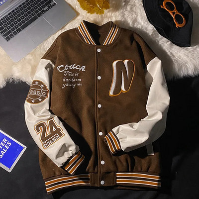 Κέντημα Γράμματα N Ανδρικό Varsity Bomber Jacket Oversize Vintage Y2k παλτό μπέιζμπολ Γυναικεία δερμάτινα μανίκια Πράσινα φθινοπωρινά πανωφόρια