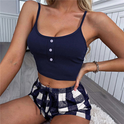 Vasaros moteriškos miegui skirtos languotos spaudos trumpas pižamos komplektas moterims pižamos rinkinys Saldus berankovių V formos kaklo „Camis“ viršūnės + šortai Pijama