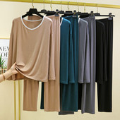 Modal Homewear Γυναικεία Ανοιξιάτικα και Φθινοπωρινά μακρυμάνικα μπλουζάκια με φαρδύ παντελόνι σετ πιτζάμας Λεπτό, χαλαρό μέγεθος πιτζάμες Feminino