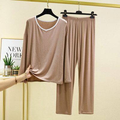 Modal Homewear Γυναικεία Ανοιξιάτικα και Φθινοπωρινά μακρυμάνικα μπλουζάκια με φαρδύ παντελόνι σετ πιτζάμας Λεπτό, χαλαρό μέγεθος πιτζάμες Feminino