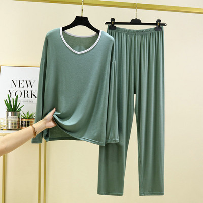 Modal Homewear Γυναικεία Ανοιξιάτικα και Φθινοπωρινά μακρυμάνικα μπλουζάκια με φαρδύ παντελόνι σετ πιτζάμας Λεπτό, χαλαρό μέγεθος πιτζάμες Feminino