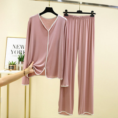 Φθινοπωρινά λεπτά με μακριά μανίκια γυναικεία ενδύματα πυζάμες μονόχρωμη με λαιμόκοψη V μονόχρωμη πιτζάμες για το σπίτι Ρούχα casual σετ πυτζάμες