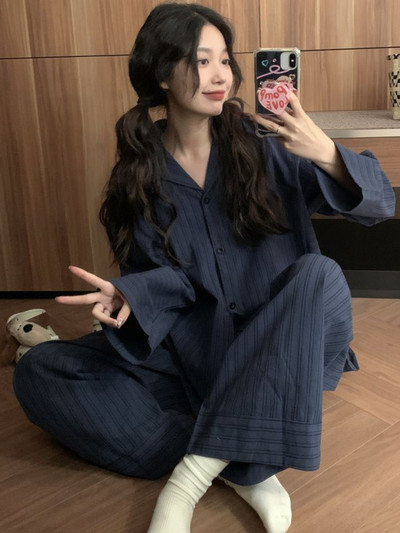 Σετ πιτζάμες Γυναικείες ριγέ καθημερινά Κορεάτικο στυλ Άνετο σπίτι αναψυχής Φθινοπωρινό μακρυμάνικο Γυναικεία χαλαρή μόδα Casual Basic Retro