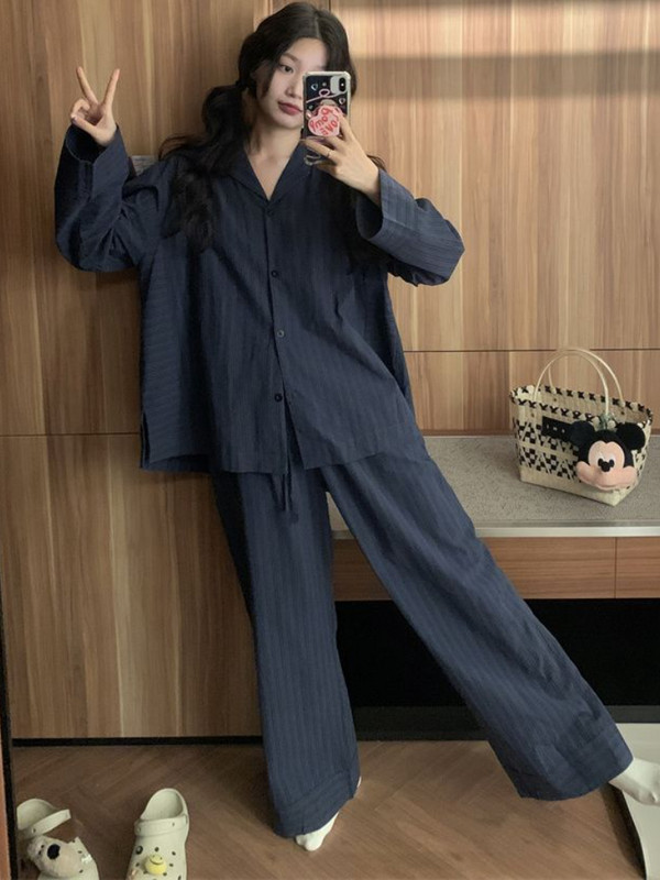 Σετ πιτζάμες Γυναικείες ριγέ καθημερινά Κορεάτικο στυλ Άνετο σπίτι αναψυχής Φθινοπωρινό μακρυμάνικο Γυναικεία χαλαρή μόδα Casual Basic Retro