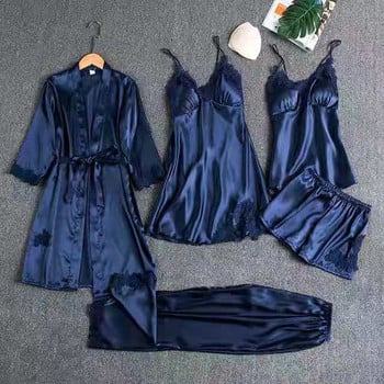 TXii Leepwear Female 5PCS Pijamas Set Saten Pyjamas Lace Patchwork Bril Wedding Nightwear Rayon Home Wear Nighty&Robe Suit