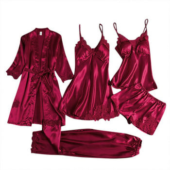TXii Leepwear Γυναικεία 5 τμχ Σετ Πυτζάμες Σατέν Πυτζάμες Δαντέλα Συνονθύλευμα Bril Νυφικό Νυχτικό Rayon Home Wear Nighty & Robe κοστούμι
