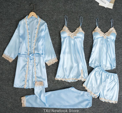 TXii Leepwear Moteriškas 5vnt pižamos komplektas Satin Pijamamas Lace Patchwork Bril Vestuviniai naktiniai drabužiai viskozė namų drabužiai naktinis ir chalatas