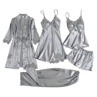 TXii Leepwear Moteriškas 5vnt pižamos komplektas Satin Pijamamas Lace Patchwork Bril Vestuviniai naktiniai drabužiai viskozė namų drabužiai naktinis ir chalatas