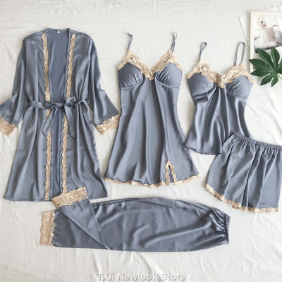 TXii Leepwear Moteriškas 5vnt pižamos komplektas Satin Pijamamas Lace Patchwork Bril Vestuviniai naktiniai drabužiai viskozė namų drabužiai naktinis ir chalatas
