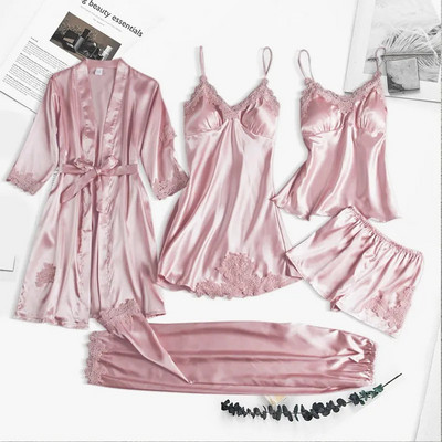 TXii Leepwear Female 5PCS Pijamas Set Saten Pyjamas Lace Patchwork Bril Wedding Nightwear Rayon Home Wear Nighty&Robe Suit