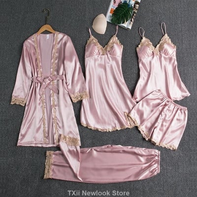 TXii Leepwear női 5 db-os pizsama szett szatén pizsama szett, csipke patchwork Bril esküvői hálóruha műselyem otthoni viselet Nighty & Robe Suit