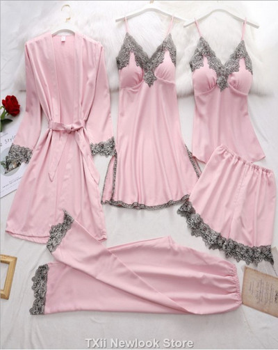 TXii Leepwear Ženska pidžama od 5 kom. Satenska pidžama Čipkana patchwork Bril vjenčana spavaćica od rajona Kućna odjeća Spavacica i ogrtač