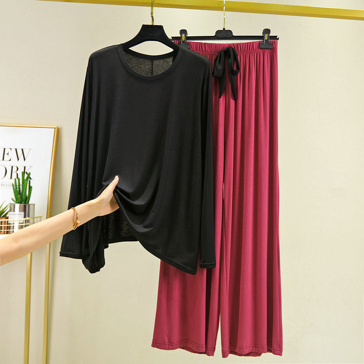 Kevadine ja sügisene naiste Modal Plus Size Contrast värvi pikkade varrukatega T-särk Pikad püksid Kodu Kaheosaline komplekt Naiste pidžaamad