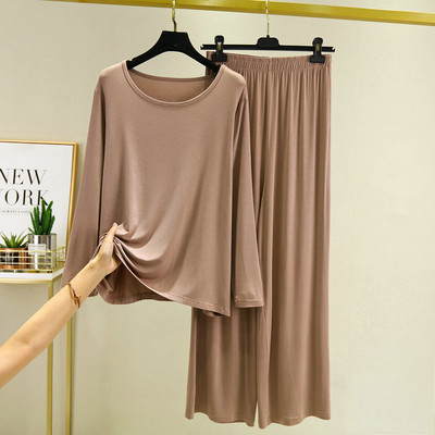 Tricou cu mânecă lungă din bumbac modal de primăvară și toamnă Haine cu pantaloni largi Lenjerie de noapte lejeră Pijame pentru femei