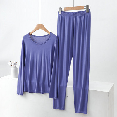 Iarnă, subțire, modal, cu mânecă lungă, pentru femei, cu gât rotund, din două piese, lenjerie de corp de culoare uni, pantaloni de pijama pentru slăbire, costum cald pentru acasă