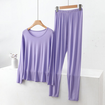 Iarnă, subțire, modal, cu mânecă lungă, pentru femei, cu gât rotund, din două piese, lenjerie de corp de culoare uni, pantaloni de pijama pentru slăbire, costum cald pentru acasă