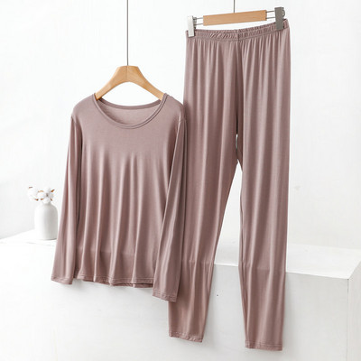 Iarnă, subțire, modal, cu mânecă lungă, pentru femei, cu gât rotund, din două piese, lenjerie de corp de culoare uni, pantaloni de pijama pentru slăbire, costum cald pentru acasă
