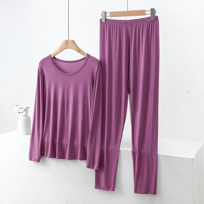 Iarnă, subțire, modal, cu mânecă lungă, pentru femei, cu gât rotund, din două piese, lenjerie de corp de culoare uni, pantaloni de pijama pentru slăbire, costum cald pentru acasă