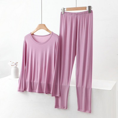 Iarnă, subțire, modal, cu mânecă lungă, pentru femei, cu gât rotund, din două piese, lenjerie de corp de culoare uni, pantaloni de pijama pentru slăbire, costum cald pentru acasă