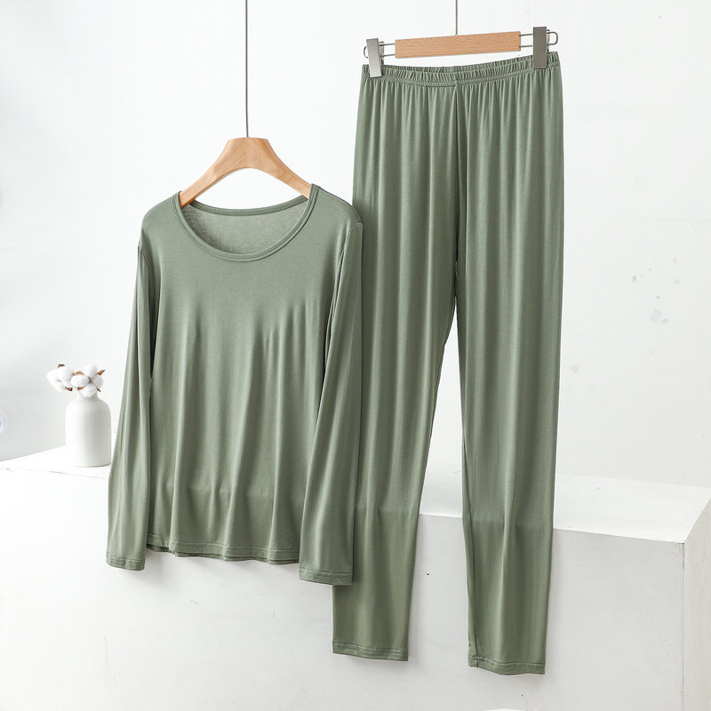 Ziemas plāns, modāls, garām piedurknēm sieviešu uzvalks apaļš kakla divdaļīgs vienkrāsains apakšveļa slaidinošs pidžamas bikses silts mājas uzvalks