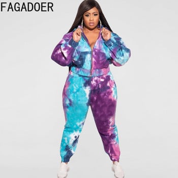 FAGADOER Tie Dye Print Sporty σετ δύο τεμαχίων Plus μέγεθος Γυναικεία Ρούχα XL-5XL Casual παλτό με κουκούλα με φερμουάρ + αθλητικές φόρμες παντελόνι Jogger