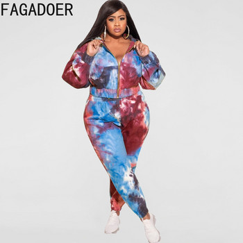 FAGADOER Tie Dye Print Sporty σετ δύο τεμαχίων Plus μέγεθος Γυναικεία Ρούχα XL-5XL Casual παλτό με κουκούλα με φερμουάρ + αθλητικές φόρμες παντελόνι Jogger