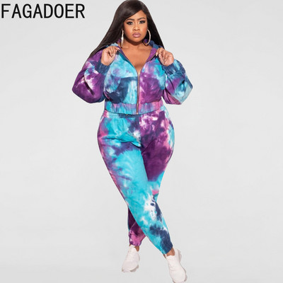FAGADOER Sportski dvodijelni kompleti s Tie Dye printom Ženska odjeća velikih veličina XL-5XL Ležerni kaput s kapuljačom na patentni zatvarač + trenirke za trčanje