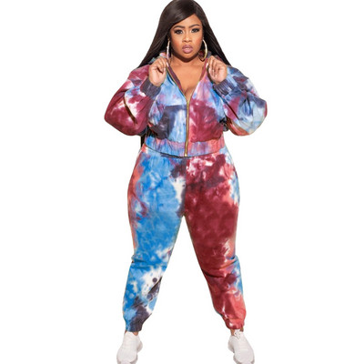 FAGADOER Tie Dye Print Sporty σετ δύο τεμαχίων Plus μέγεθος Γυναικεία Ρούχα XL-5XL Casual παλτό με κουκούλα με φερμουάρ + αθλητικές φόρμες παντελόνι Jogger