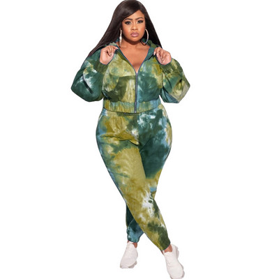 FAGADOER Tie Dye Print Sporty σετ δύο τεμαχίων Plus μέγεθος Γυναικεία Ρούχα XL-5XL Casual παλτό με κουκούλα με φερμουάρ + αθλητικές φόρμες παντελόνι Jogger