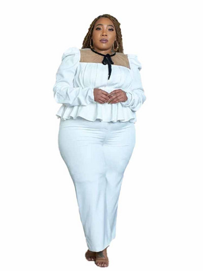 Σετ μπλέιζερ Γυναικείο με κορδόνι γιακά με μακρυμάνικο Λευκό Μπλουζάκι και Παντελόνι Κοστούμι σε μέγεθος δύο τεμαχίων χονδρική Dropshipping