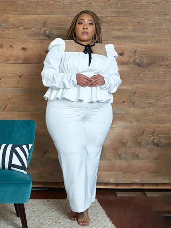 Σετ μπλέιζερ Γυναικείο με κορδόνι γιακά με μακρυμάνικο Λευκό Μπλουζάκι και Παντελόνι Κοστούμι σε μέγεθος δύο τεμαχίων χονδρική Dropshipping