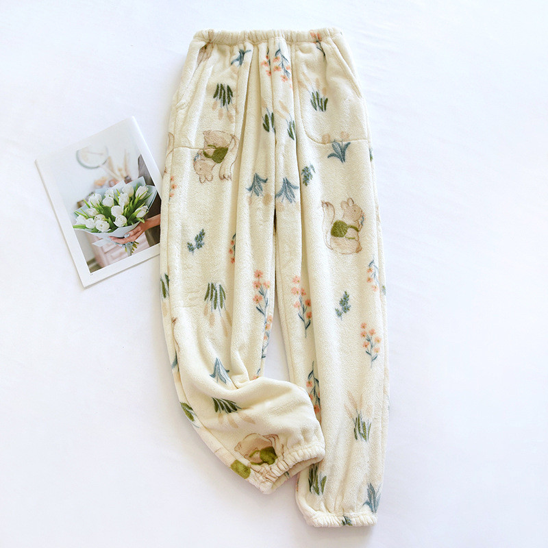 Talvised pidžaamapüksid naiste korall-sametist koduriided armsad magamisalused paksud soojad flanellist kodupüksid naistele suures suuruses lahtised püksid