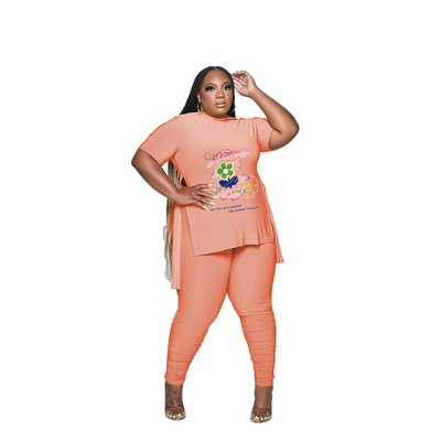 L-5XL 2023 naujas mados plius dydžio dviejų dalių rinkinys pavasario vasaros moteriškų drabužių marginimas trumpomis rankovėmis, laisvalaikio kelnių kostiumas, moteriška apranga