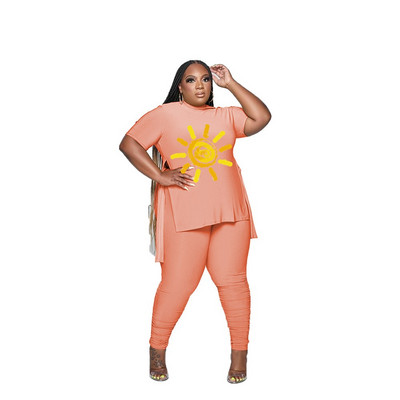 L-5XL 2023 naujas mados plius dydžio dviejų dalių rinkinys pavasario vasaros moteriškų drabužių marginimas trumpomis rankovėmis, laisvalaikio kelnių kostiumas, moteriška apranga