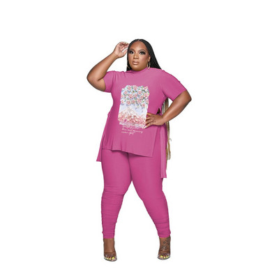 L-5XL 2023 naujas mados plius dydžio dviejų dalių rinkinys pavasario vasaros moteriškų drabužių marginimas trumpomis rankovėmis, laisvalaikio kelnių kostiumas, moteriška apranga