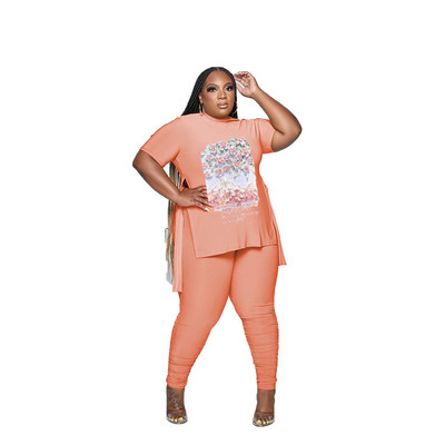 L-5XL 2023 naujas mados plius dydžio dviejų dalių rinkinys pavasario vasaros moteriškų drabužių marginimas trumpomis rankovėmis, laisvalaikio kelnių kostiumas, moteriška apranga